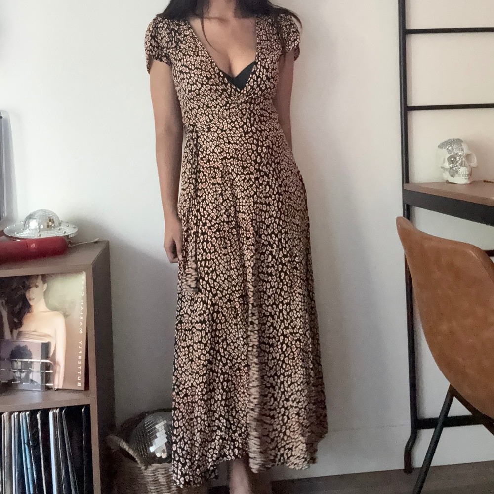 Free People Leopard Animal Print Short Sleeve Wrap Maxi Dress Small Black Tan